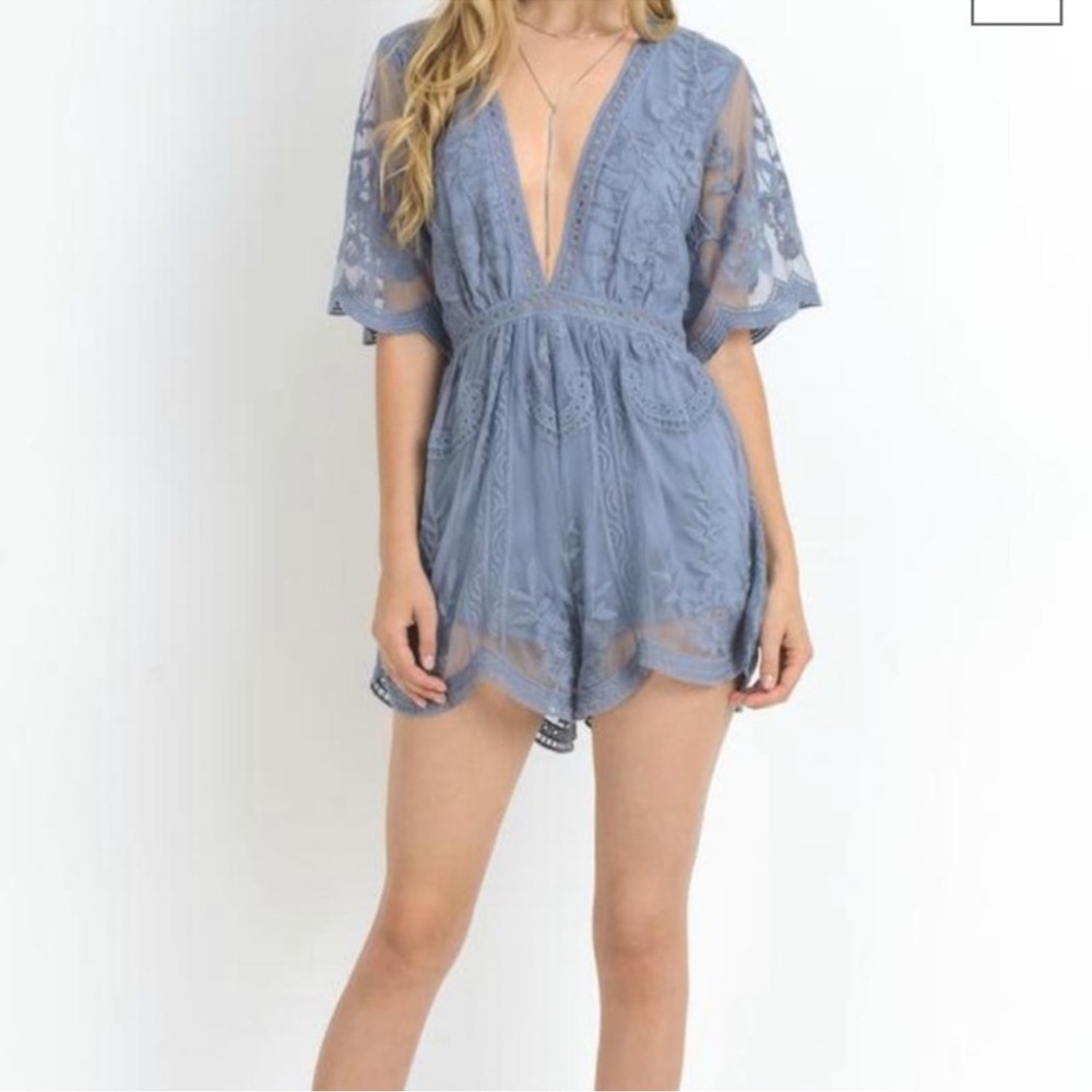 Honey Punch Dusty Blue Lace Romper NWT
